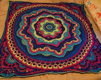 Handmade Mandala Crochet Blanket – 55” Textile Art Throw – Teal, Blue, Purple, Pink, Green