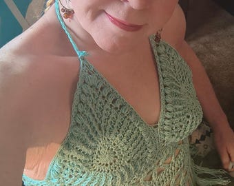 Boho Crochet Halter Top – Spring Blue Textured Cups – Fringe Festival Top – Handmade Statement Piece