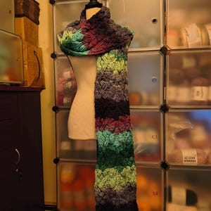 Extra Long Cabled Crochet Scarf – Green Purple Gradient Super Scarf – Handmade Winter Wrap – Textured Boho Statement Scarf