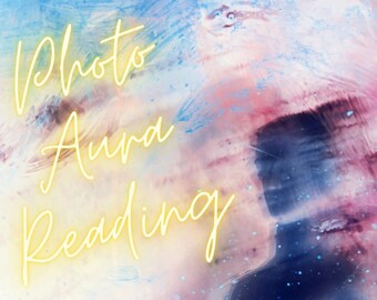 May include: A colorful abstract background with a silhouette of a person in the center. The text "Photo Aura Reading" is written in yellow neon letters in the top left corner of the image.