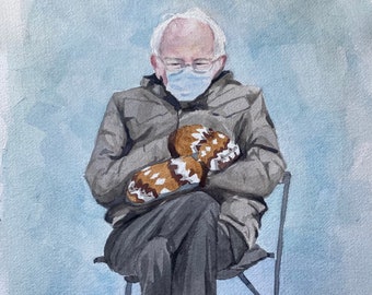 Bernie Sanders Mittens Chair Inauguration Print of Watercolor Original Painting 8”x 10”