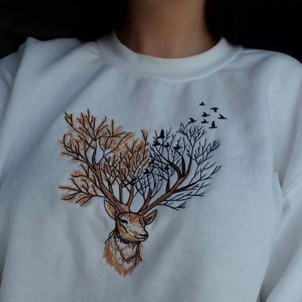 Deer embroidered crewneck - cute wild life creature embroidery - Forest sweater