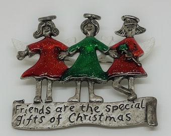 Red and Green Christmas Brooch with Best Friend Saying, Vintage AJMC Brooch Angels with Wings For Besties, Stocking Stuffers for Friends