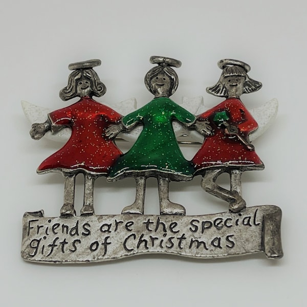 Red and Green Christmas Brooch with Best Friend Saying, Vintage AJMC Brooch Angels with Wings For Besties, Stocking Stuffers for Friends