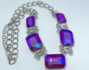 Vintage Large Holographic Purple Glass Bead Necklace, Purple Statement Necklace for Girls, Gifts for Me Rectangle Bead Flashy Colors