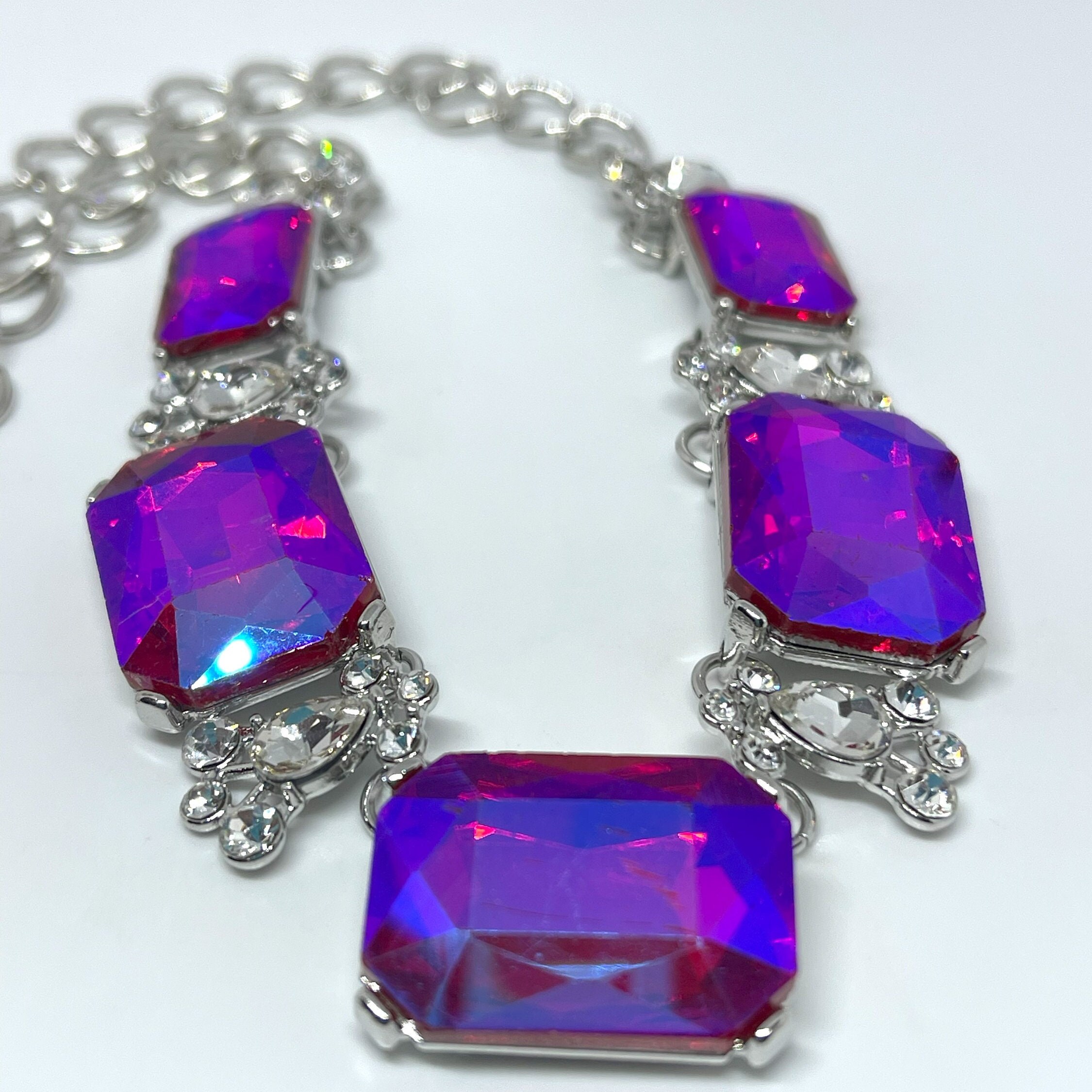 Vintage Large Holographic Purple Glass Bead Necklace, Purple Statement