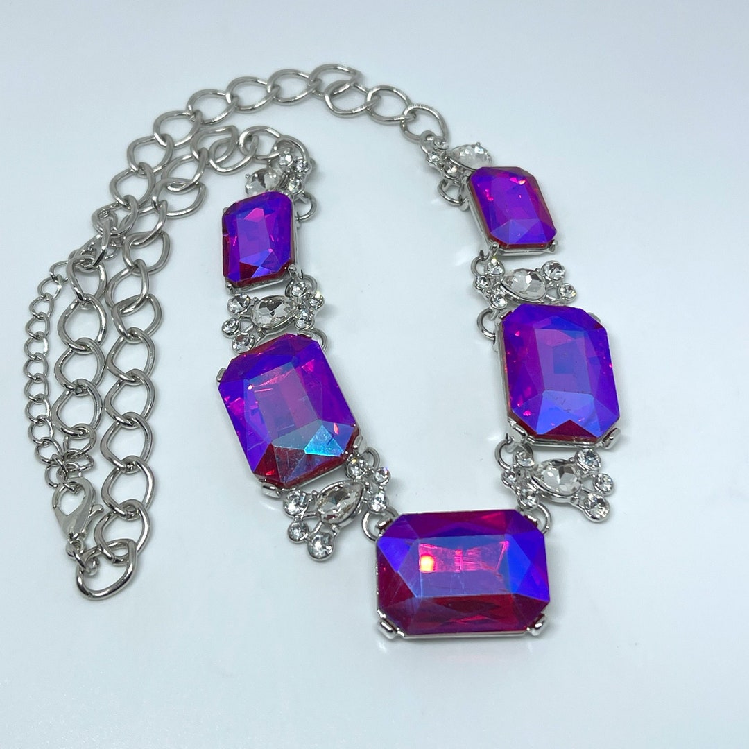 Vintage Large Holographic Purple Glass Bead Necklace, Purple Statement