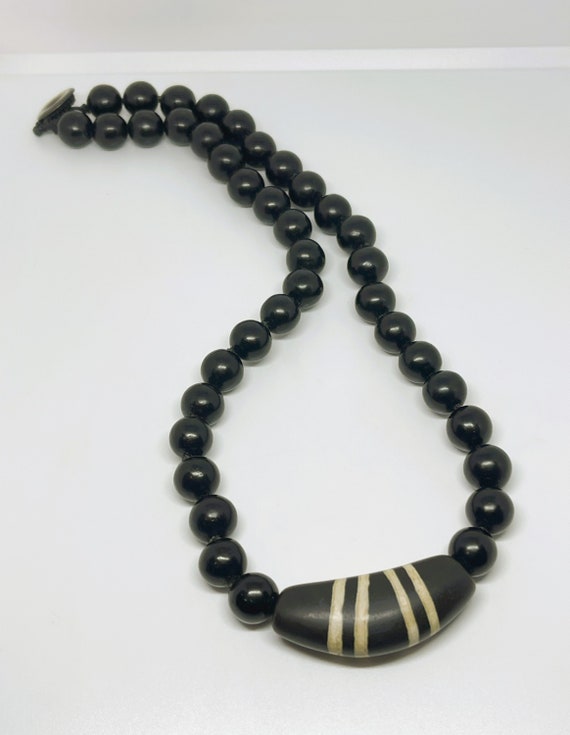 Vintage Tribal Necklace Black Bead and Large Ston… - image 5