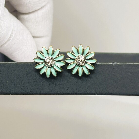 Vintage Blue Daisy Dainty Earrings, Flower Earrin… - image 1