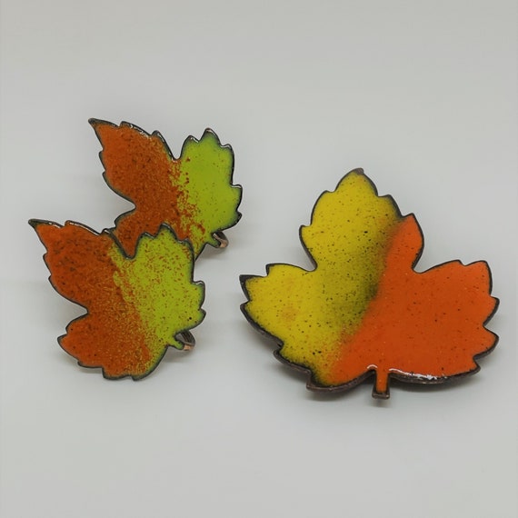 Orange and Yellow Fall Leaves Brooch and Earring … - image 1