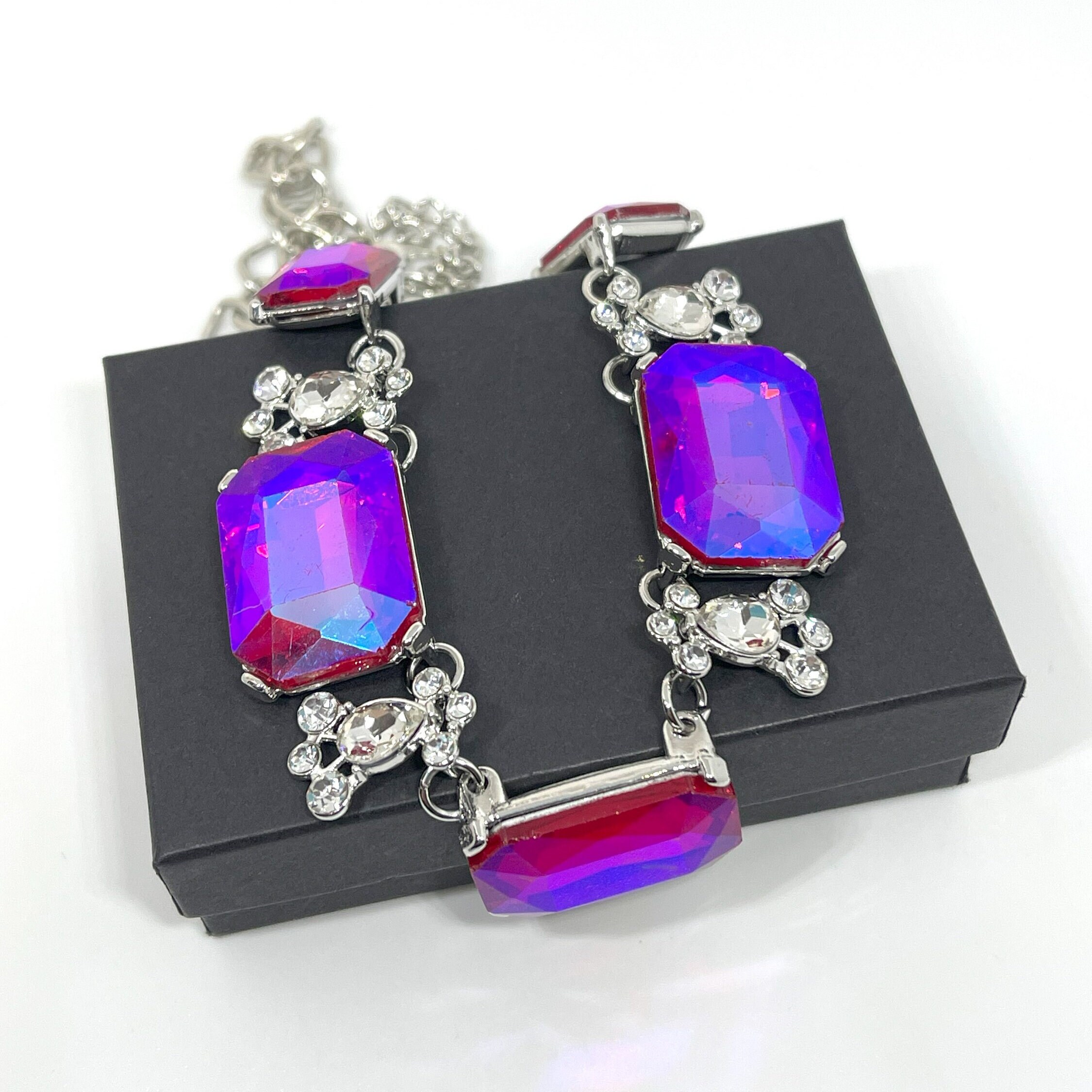 Vintage Large Holographic Purple Glass Bead Necklace, Purple Statement