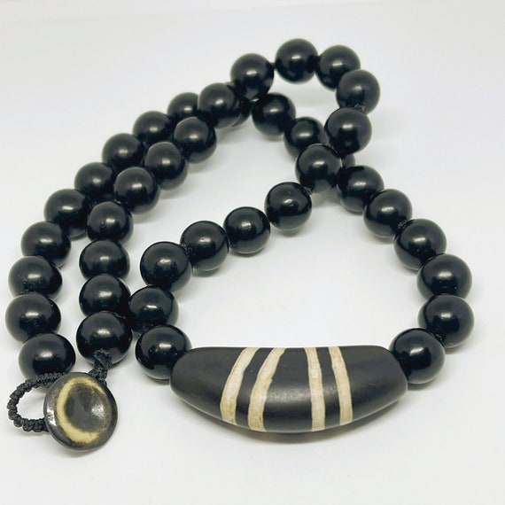 Vintage Tribal Necklace Black Bead and Large Ston… - image 1