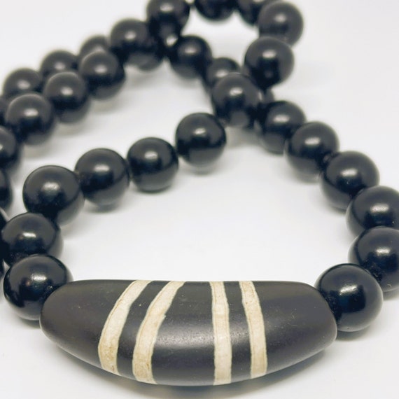 Vintage Tribal Necklace Black Bead and Large Ston… - image 7