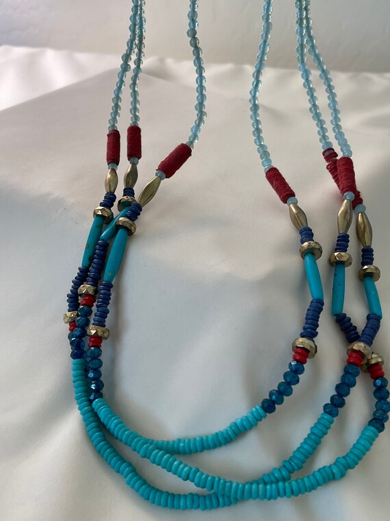 Vintage Bead and Wood Necklace 3 Strand Blue and … - image 5