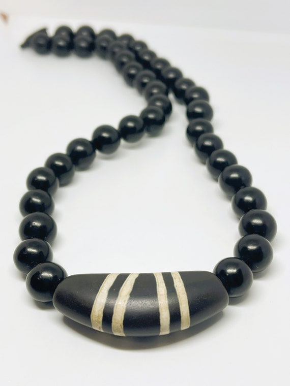 Vintage Tribal Necklace Black Bead and Large Ston… - image 2