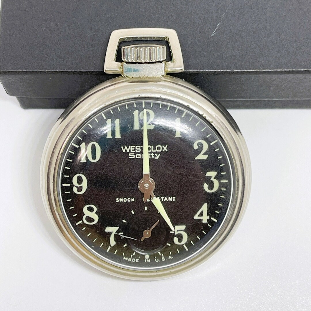 Vintage Westclox Scotty Black Face Pocket Watch, 1950's Collectors