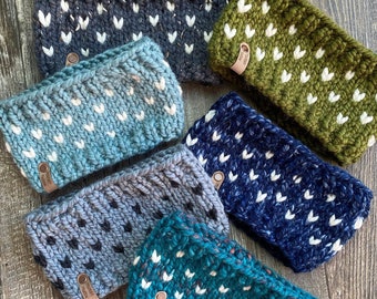 Headband - ear warmer tiny hearts knit /small or medium/ grey tweed, green, blue, grey, aqua /fair isle/ acrylic wool blend/ Toronto/ Canada