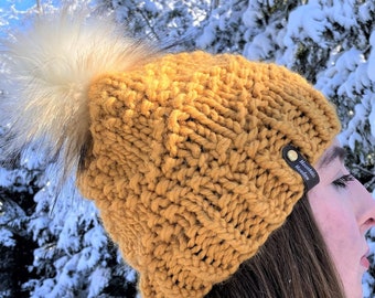 Mustard gold yellow knit beanie / faux fur pom / bulky diamond pattern / small adult / Toronto knit hats/ Canada knit beanie