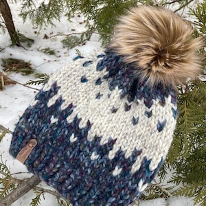 Blue-grey-purple, cream knit beanie / acrylic wool blend / adult small / chunky knit hat / fair isle knit hat / Toronto knit hats / Canada
