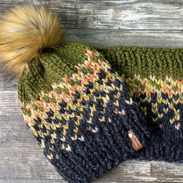 Hat & Cowl set / charcoal, gold, green, burnt orange multi /fox faux fur pom /Adult knit beanie / acrylic wool blend/Toronto hat/Canada hats