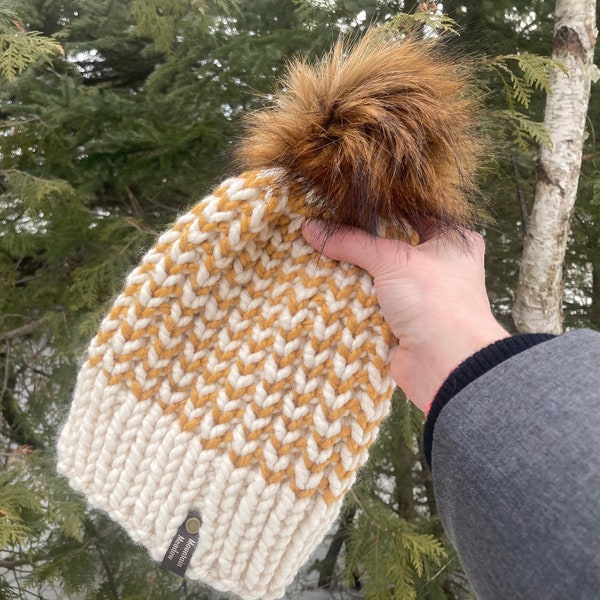 Ready to ship/ Autumn knit toque/ golden yellow, cream knit beanie/ fall hat/ acrylic wool blend hat/ Toronto knit hat/ Canada