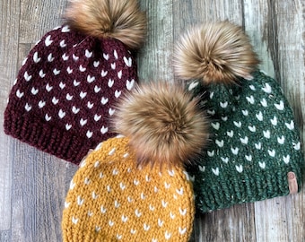 Yellow gold, maroon, green tiny hearts knit hat / faux fur pom pom/ adult small beanie/acrylic wool blend/ Toronto knitted wool hats/ Canada