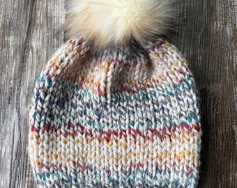 Ready to ship / Hudson Bay yarn, yellow, red, teal, navy, black, cream/knitted Basic Beanie/acrylic wool blend/Toronto Ontario/Canada