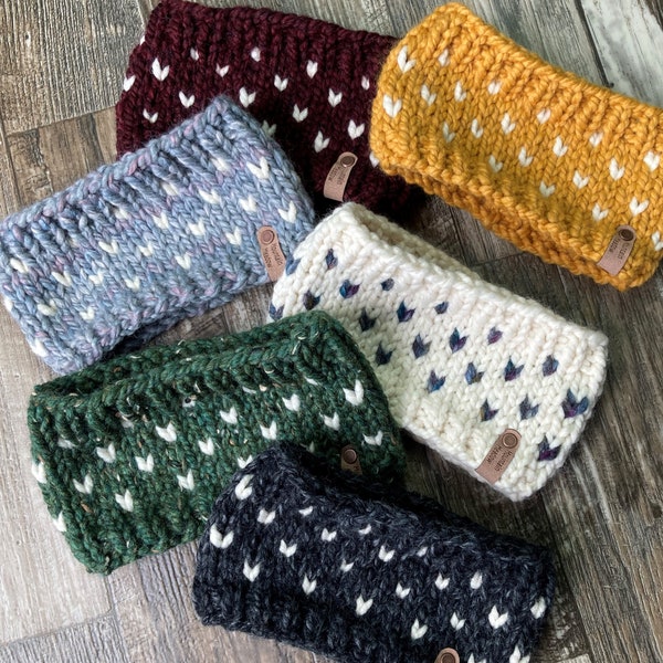 Headband - ear warmer tiny hearts knit/small or medium sizes charcoal, green, cream, grey, yellow, maroon/acrylic wool blend/ Toronto/Canada