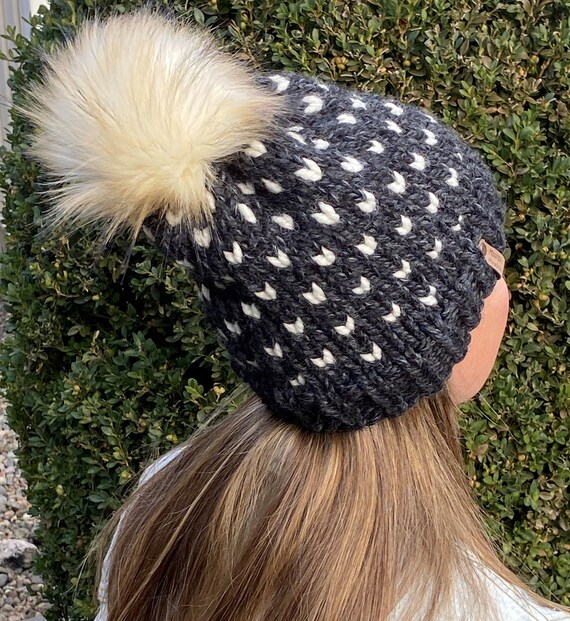 Charcoal, Cream Tiny Hearts Knit Hat / Faux Fur Pom Pom  display picture 3