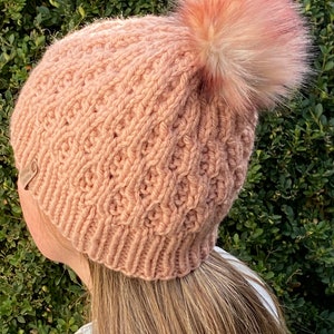 Blush Pink Peruvian Wool Knit Hat with Faux Fur Pom Pom