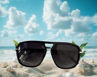 Square Polarized Sunglasses: Shiny Black Frame, UV400 Protection