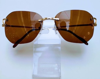 Frameless Brown Lens Gold Frame Sunglasses. Unisex Sunglasses. Metal Frame Sunglasses.