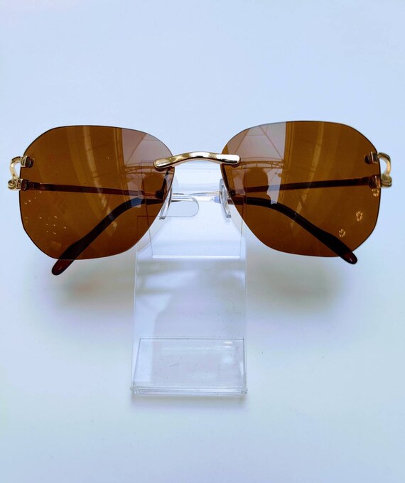 Rimless Sunglasses - Brown Lenses with Gold Accents Brown/Gold Classic Rectangle Rimless Tinted Sunglasses with  main image 4
