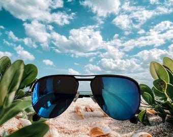 Blue Lens Polarized Aviator Sunglasses, Matte Black Frame