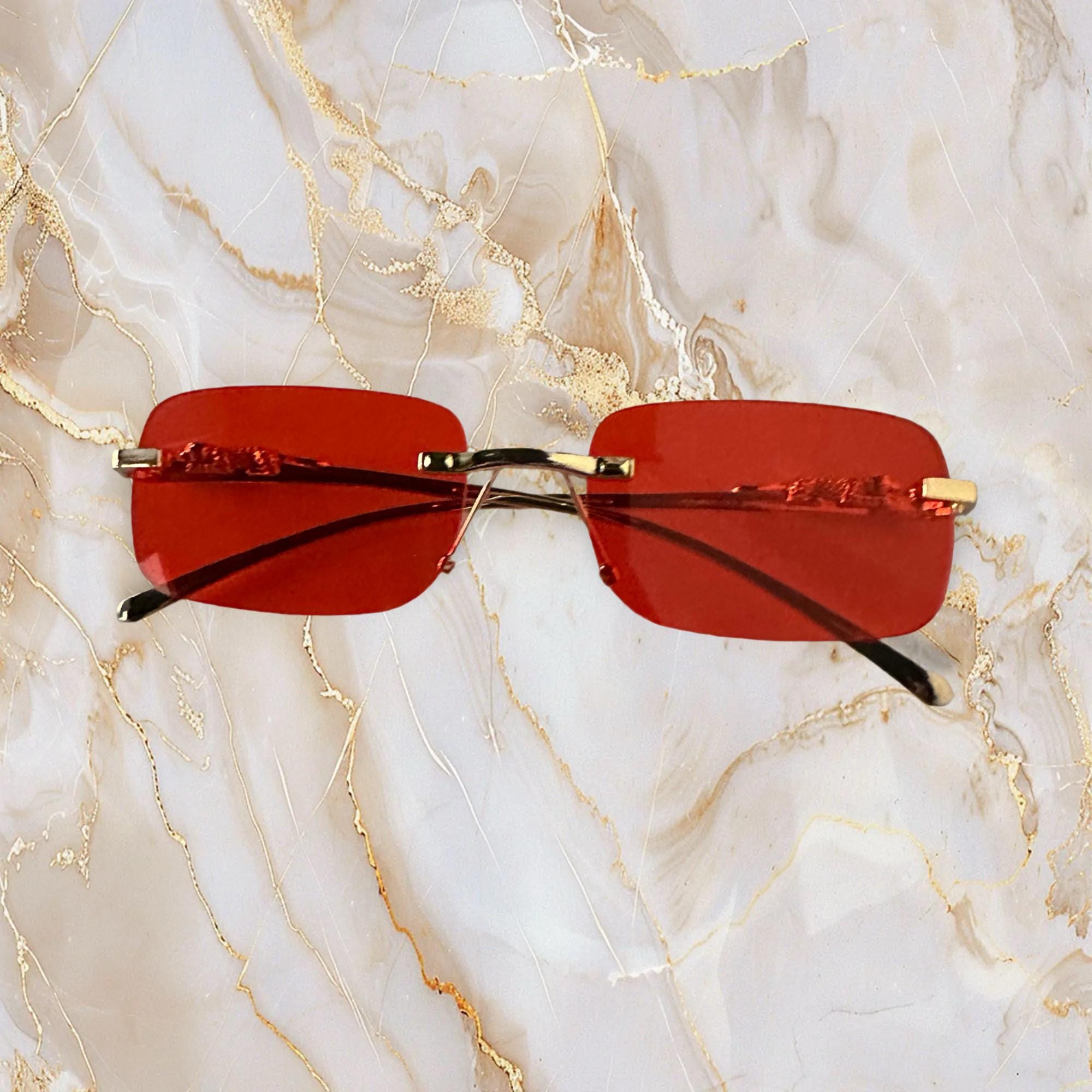 Square Red Lens Sunglasses: Frameless Gold Frame, Jaguar 