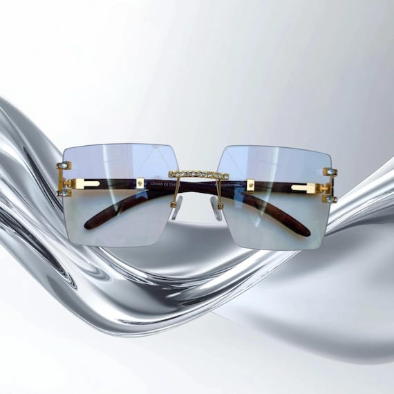 Rhinestone Frameless Square Glasses, Gold & Wood-feel Arms  display picture 3