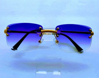 Rectangular Frameless Two Tone Lens ( Purple At The Top & Clear At Bottom) Gold Frame Sunglasses.