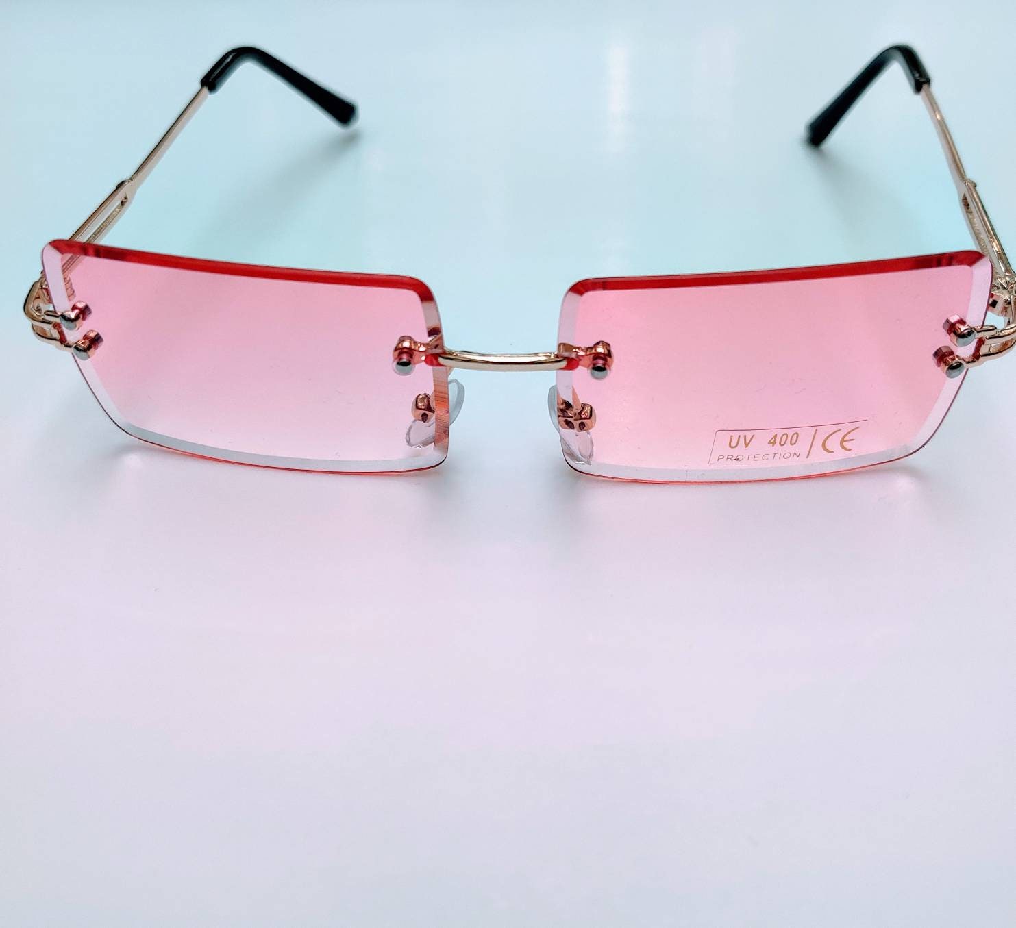 Rectangle Rimless Pink Sunglasses Gold Metal Arms Frameless | Etsy