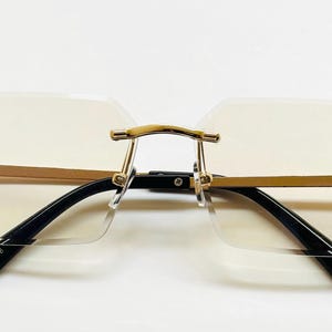 Frameless Square Diamond Cut  Clear Lens ( Slightly Tinted) Gold Plated Frame Glasses. Rimless Glasses. Unisex Gold frame Glasses.