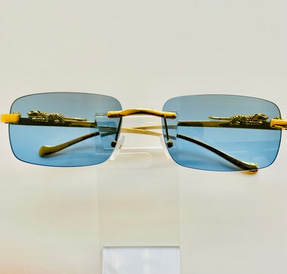 Gold frame blue lens sunglasses hot sale