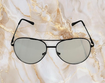Aviator Glasses: Black Metal Frame, Clear Lens - UV400 Protection