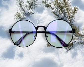 Circle Black Color Full Frame Clear ( Slightly Tinted) Lens Glasses. Circle Metal Frame Clear ( Slightly Tinted) Lens Glasses.