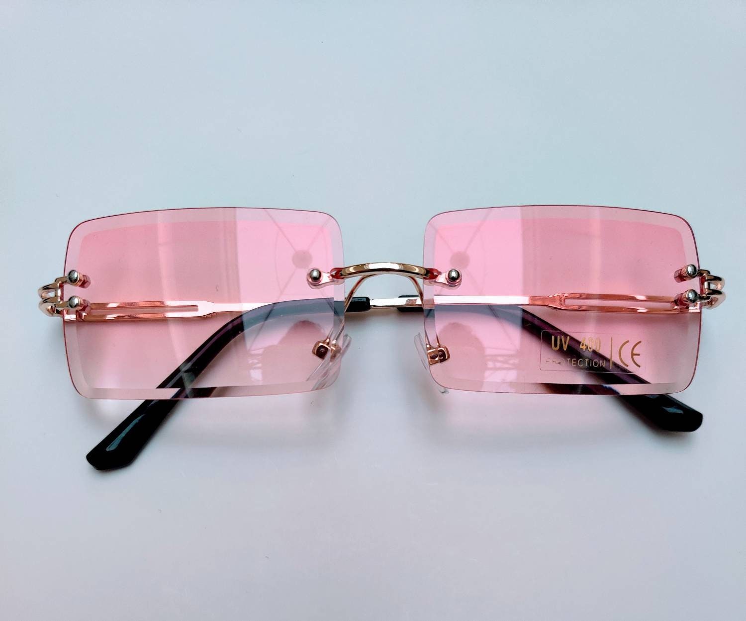 Rectangle Rimless Pink Sunglasses Gold Metal Arms Frameless | Etsy