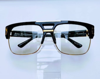 Square Clear Lens Glasses: Gold & Black Full Frame, Unisex