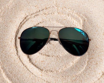 Large Aviator Sunglasses: French Blue Polarized Lens, Gold Frame