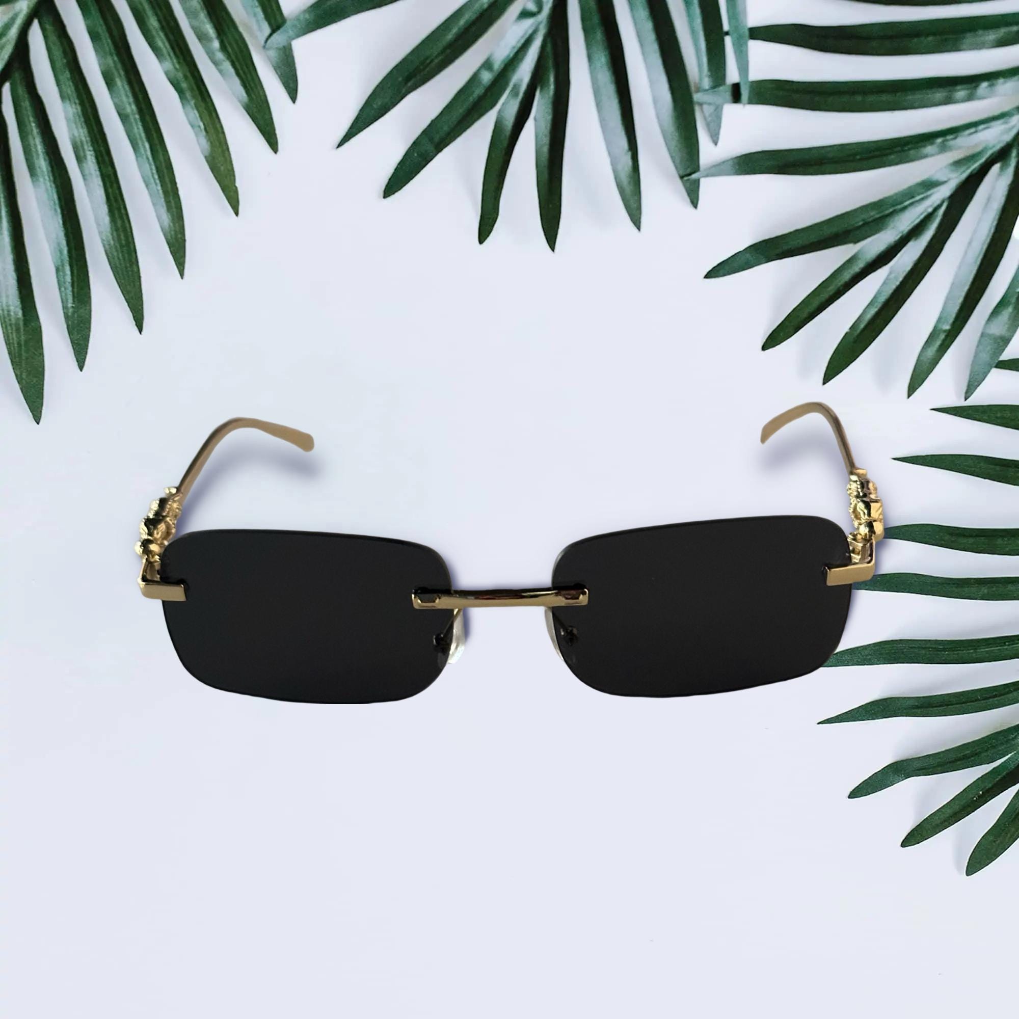 Frameless Square Sunglasses: Black Lens, Gold Jaguar Detail  display picture 3