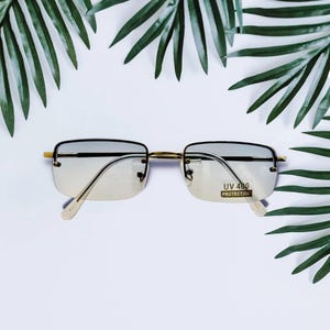 Frameless Square Small Two Tone ( Baby Blue  On Top And Clear At bottom) Lens. Small Square Silver Color Metal Frame Sunglasses.