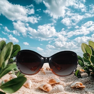 May include: Black and brown oversized sunglasses with a gradient lens. The sunglasses are set on a sandy beach with seashells, green foliage, and a blue sky with white clouds in the background. The sunglasses have a rounded shape.
