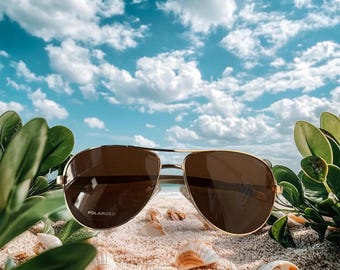 Polarized Aviator Sunglasses: Brown Lens, Shiny Gold Frame, Unisex