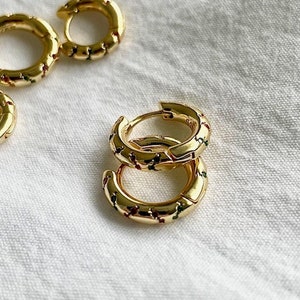 Puede incluir: Un par de pendientes de aro de oro con un patrón geométrico colorido. Los pendientes son pequeños y delicados, y serían una gran adición a cualquier colección de joyas.